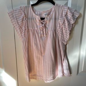 Pink and white striped blouse. Gently worn. Lace up neck line.